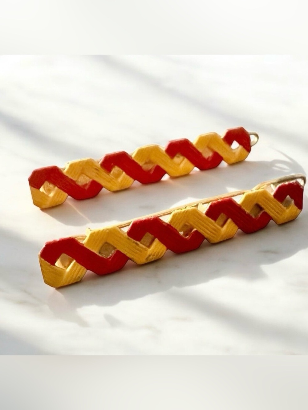 1970’s Vintage‎ Red & Yellow French Metal Hair 2”, Unworn, One Pair